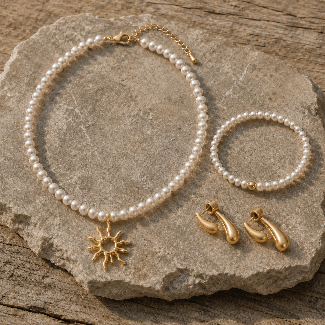 Pearl necklace with gold sun pendant and matching pearl bracelet as a jewelry set