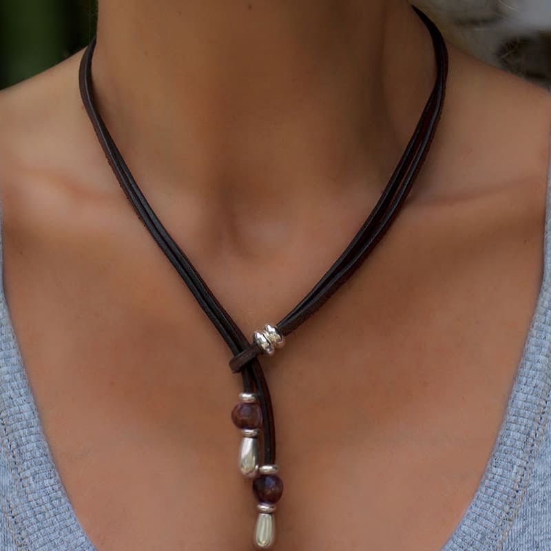 Ketten - Elegante Damen Lederkette K256 mit Murano Glasperlen - Rose - K256 - 50 - pink - schwarz - Beau Soleil Jewelry