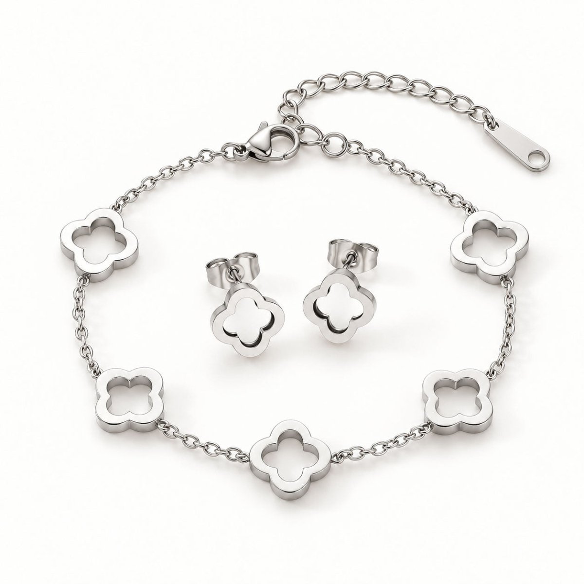 Silver-tone stainless steel clover jewellery set with bracelet and matching stud earrings