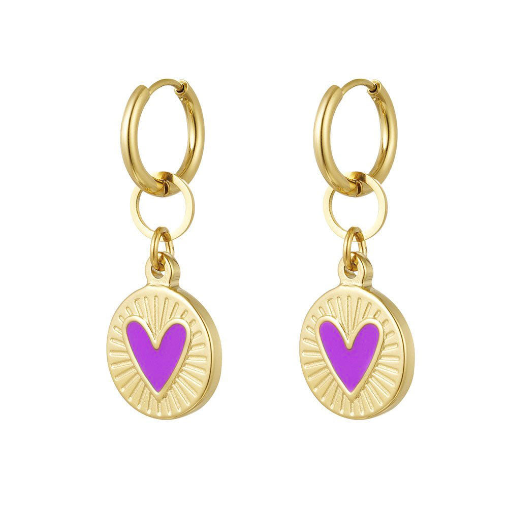 Ohrhänger Ohrringe - Goldene Edelstahl Creolen mit lila Emaille-Herz - Stilvolle Ohrringe für deinen einzigartigen Look - Gold - gold-lila-herz-oy-113 - Beau Soleil Jewelry