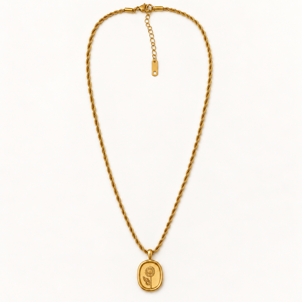 Goldene Edelstahl-Halskette mit Blumenanhänger, gedrehter Kordelkette und Karabinerverschluss