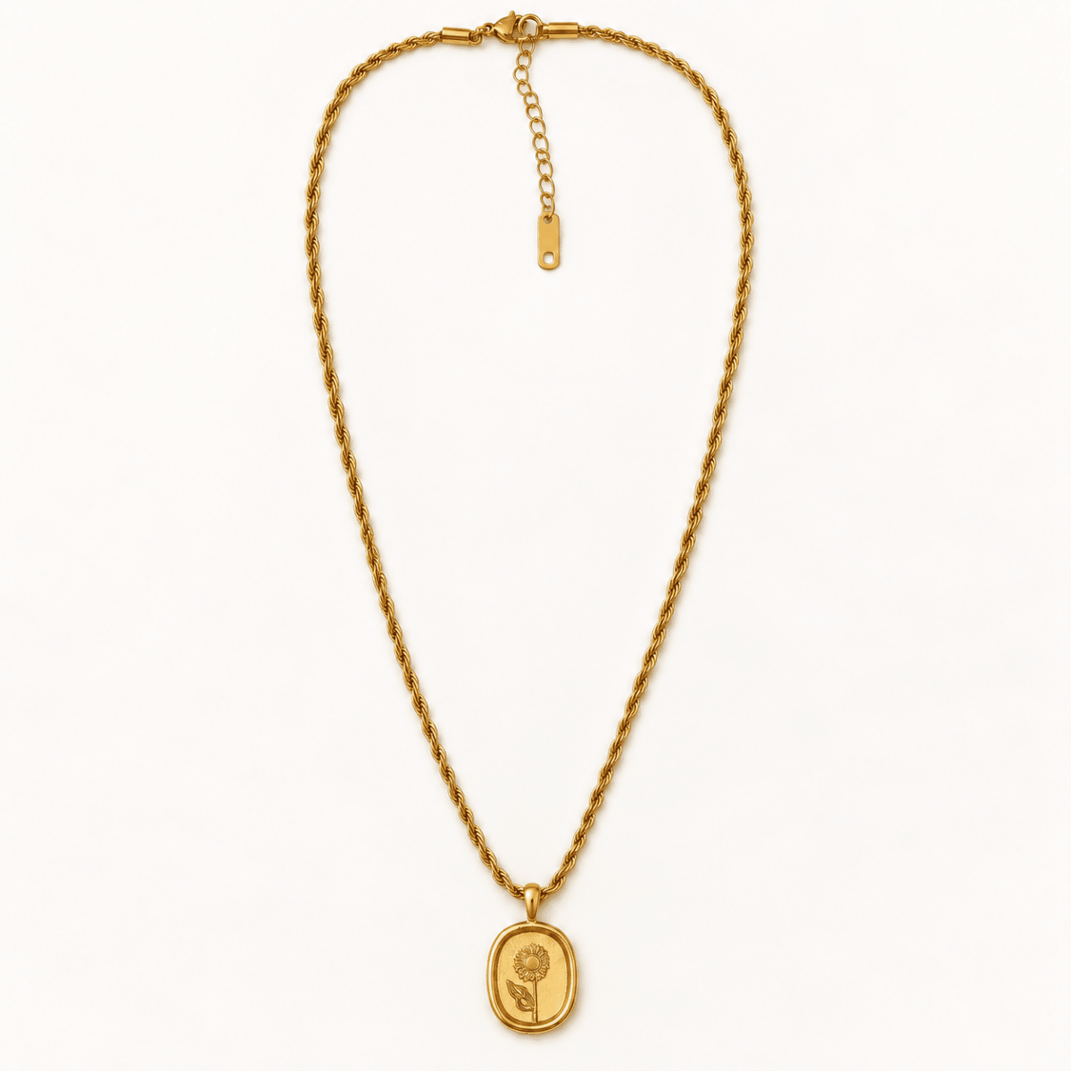 Goldene Edelstahl-Halskette mit Blumenanhänger, gedrehter Kordelkette und Karabinerverschluss
