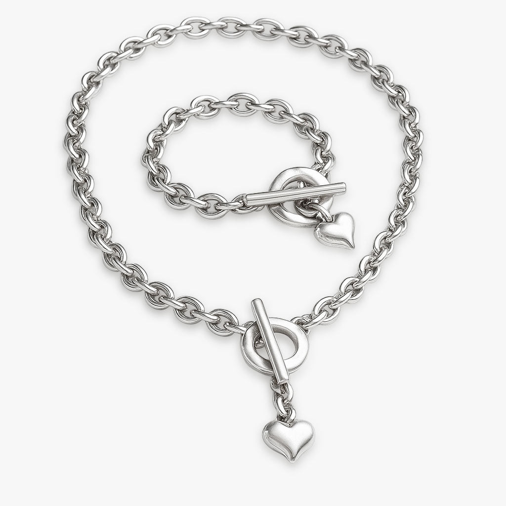 Schmuck Set’s - Schmuck - Set massive Gliederkette Halskette und Armband mit Herzanhänger - Silber - k306+a306-18-farbe-silber - Beau Soleil Jewelry