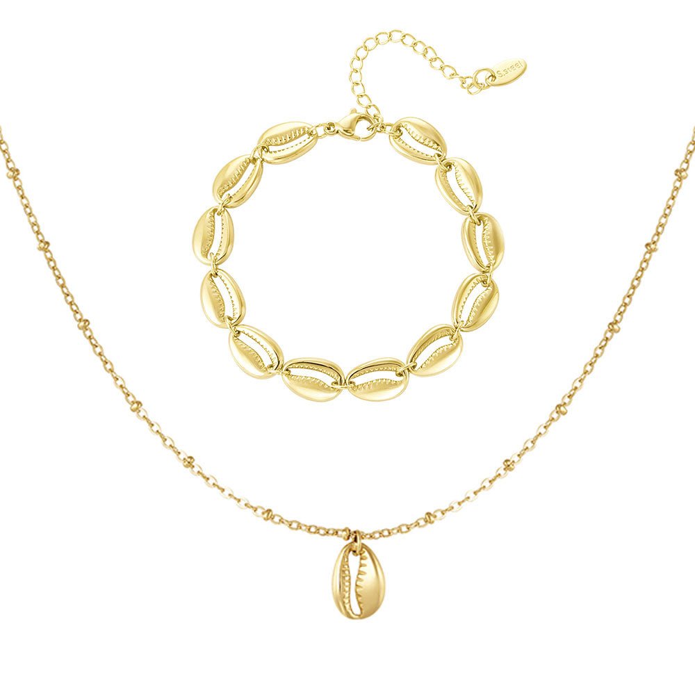 Schmuck Set’s - Schmuckset Muschelarmband Silber & Goldene Kette mit Muschelanhänger - bsj - es - muschel - set - Beau Soleil Jewelry
