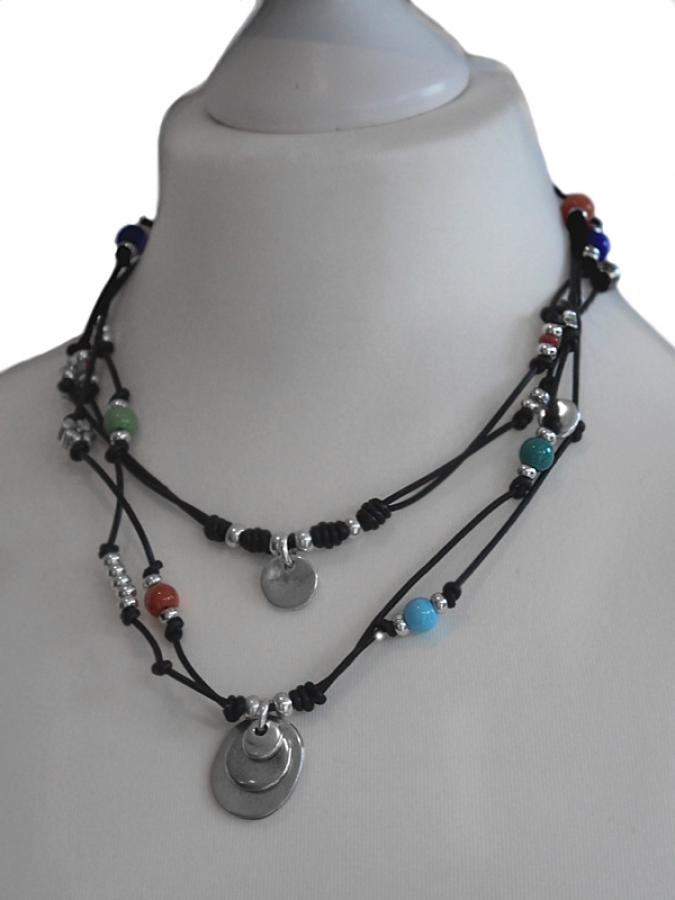 Ketten - Lederkette mehrreihig mit bunten Kugeln - Braun - K196bunteperlen - Beau Soleil Jewelry