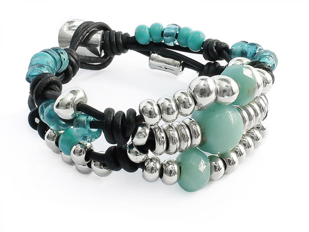 Armbänder - Damen Armband Leder Amazonit Edelstein - 21-Schwarz - A966 - Beau Soleil Jewelry