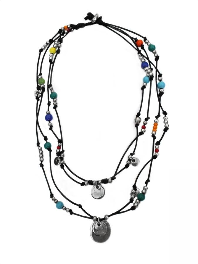 Ketten - Lederkette mehrreihig mit bunten Kugeln - Braun - K196bunteperlen - Beau Soleil Jewelry