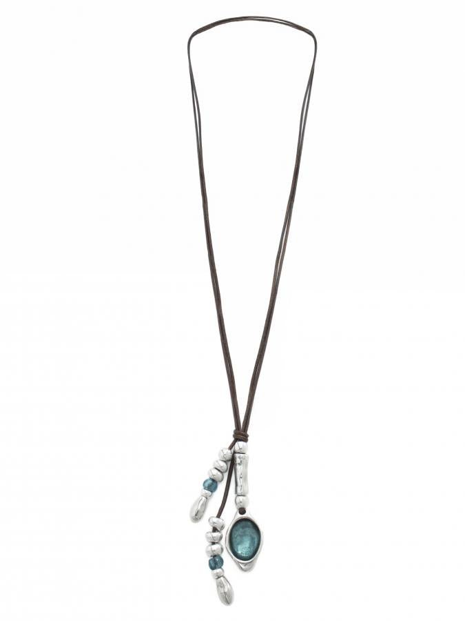 Lederkette mit Anhänger Aquamarinfabig K269 - Braun - K269_aqua - Halsketten - Beau Soleil Jewelry