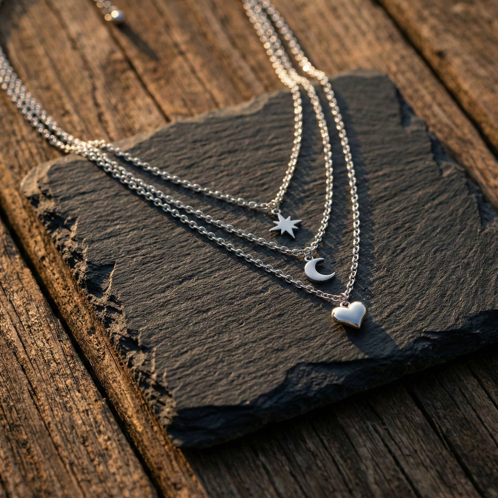 Ketten - Layerkette mit Stern, Mond und Herzanhänger - K310 - Beau Soleil Jewelry