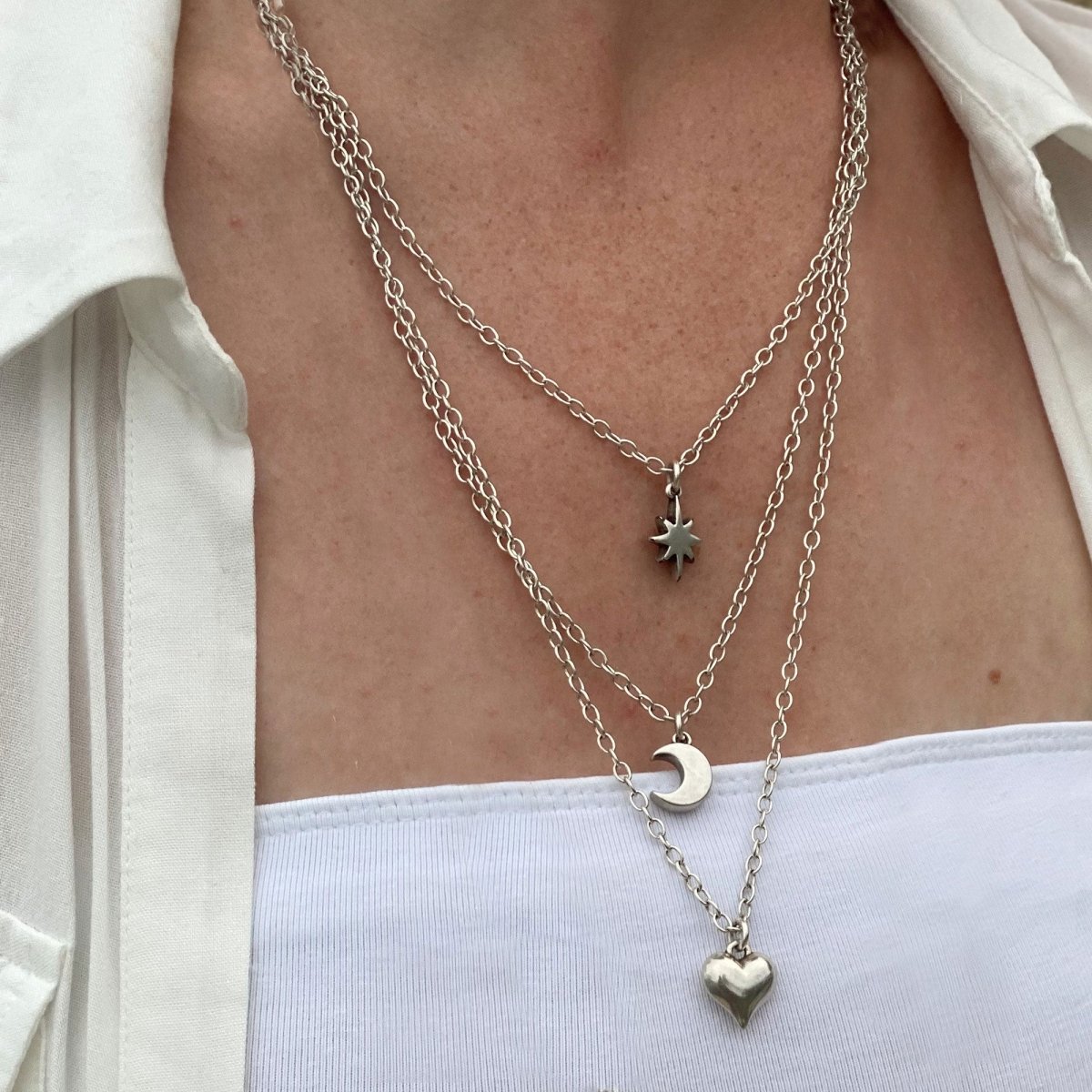 Ketten - Layerkette mit Stern, Mond und Herzanhänger - K310 - Beau Soleil Jewelry