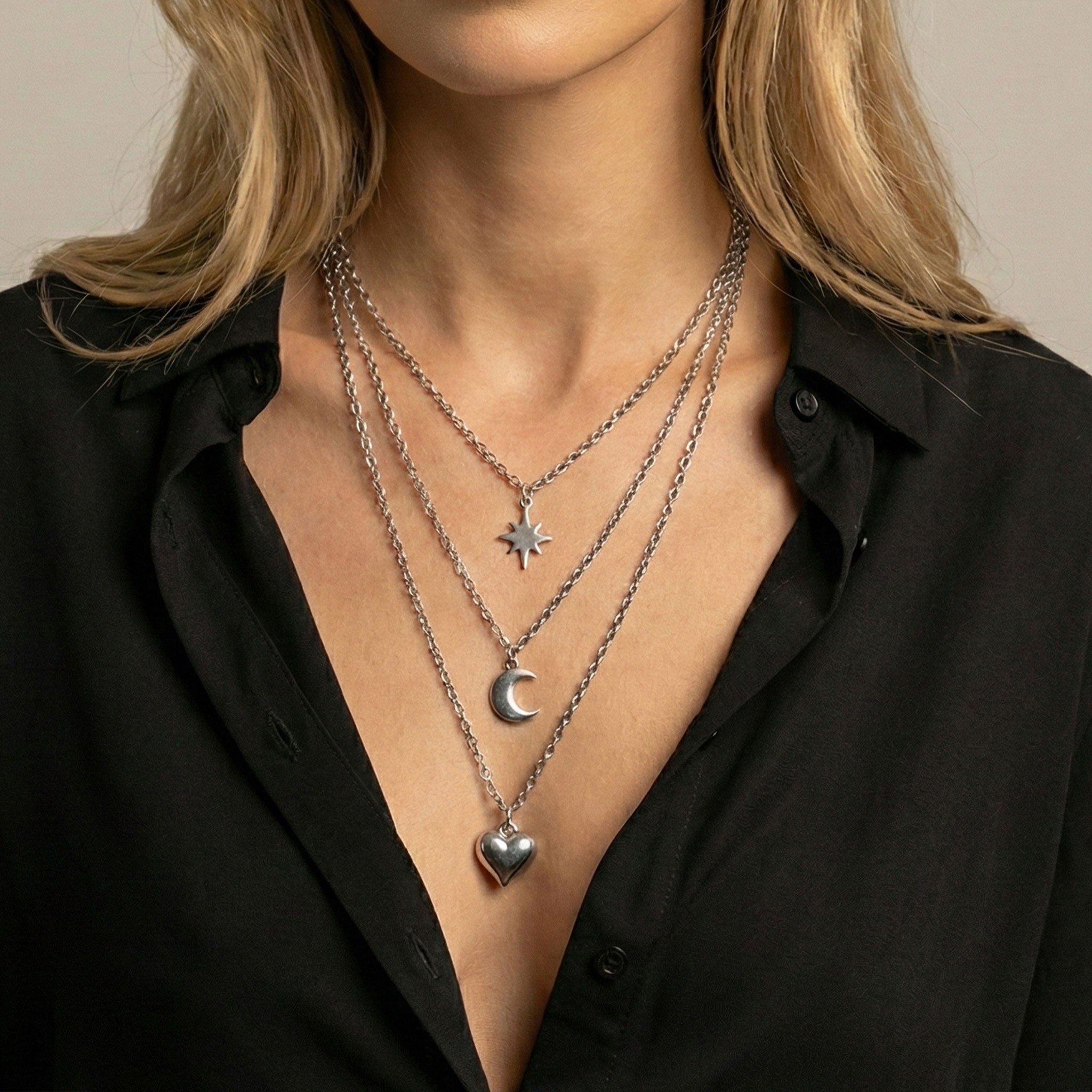 Ketten - Layerkette mit Stern, Mond und Herzanhänger - K310 - Beau Soleil Jewelry