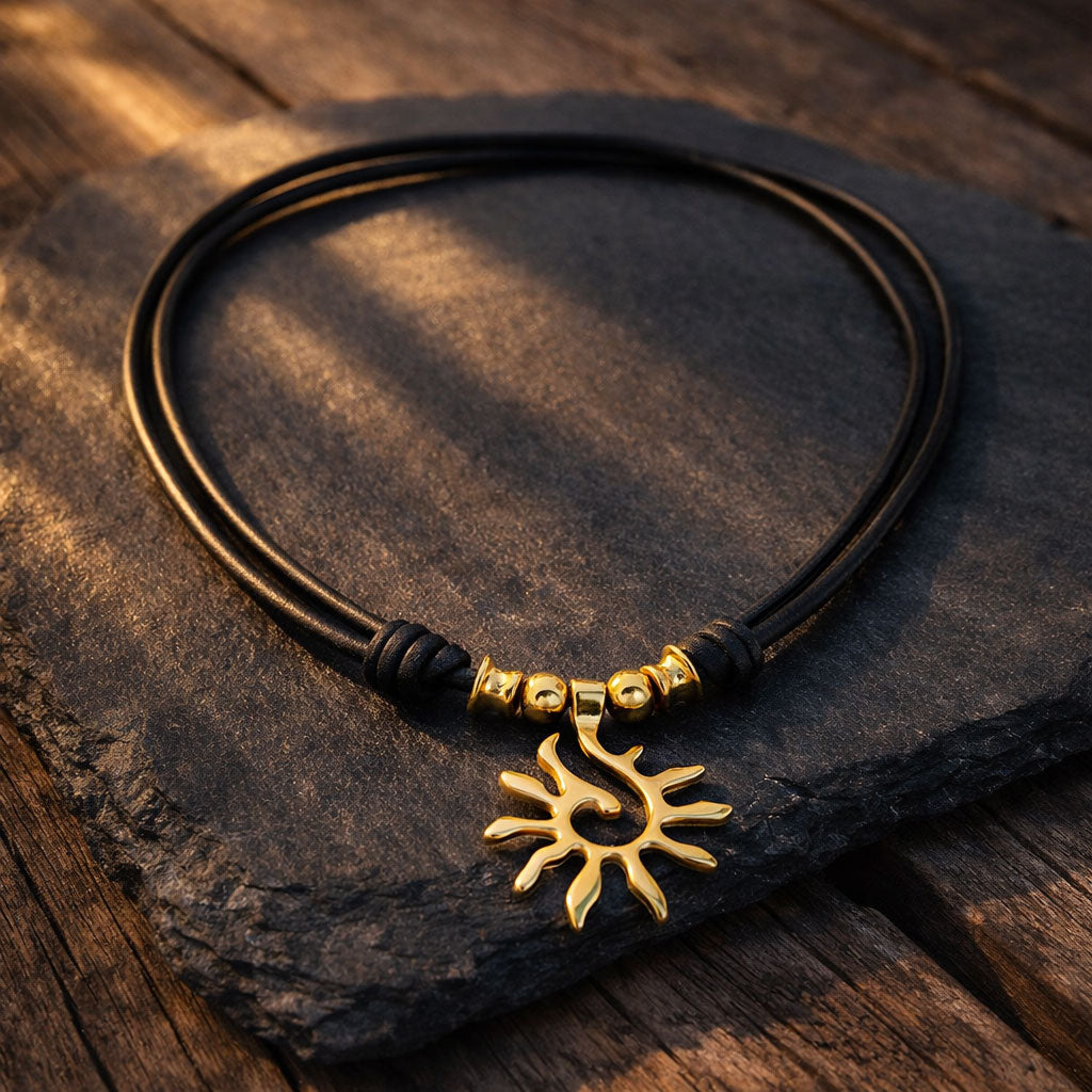Ketten - Lederhalskette mit Anhänger Sonne längenverstellbar K296 - Schwarz - K296-schwarz-gold - Beau Soleil Jewelry