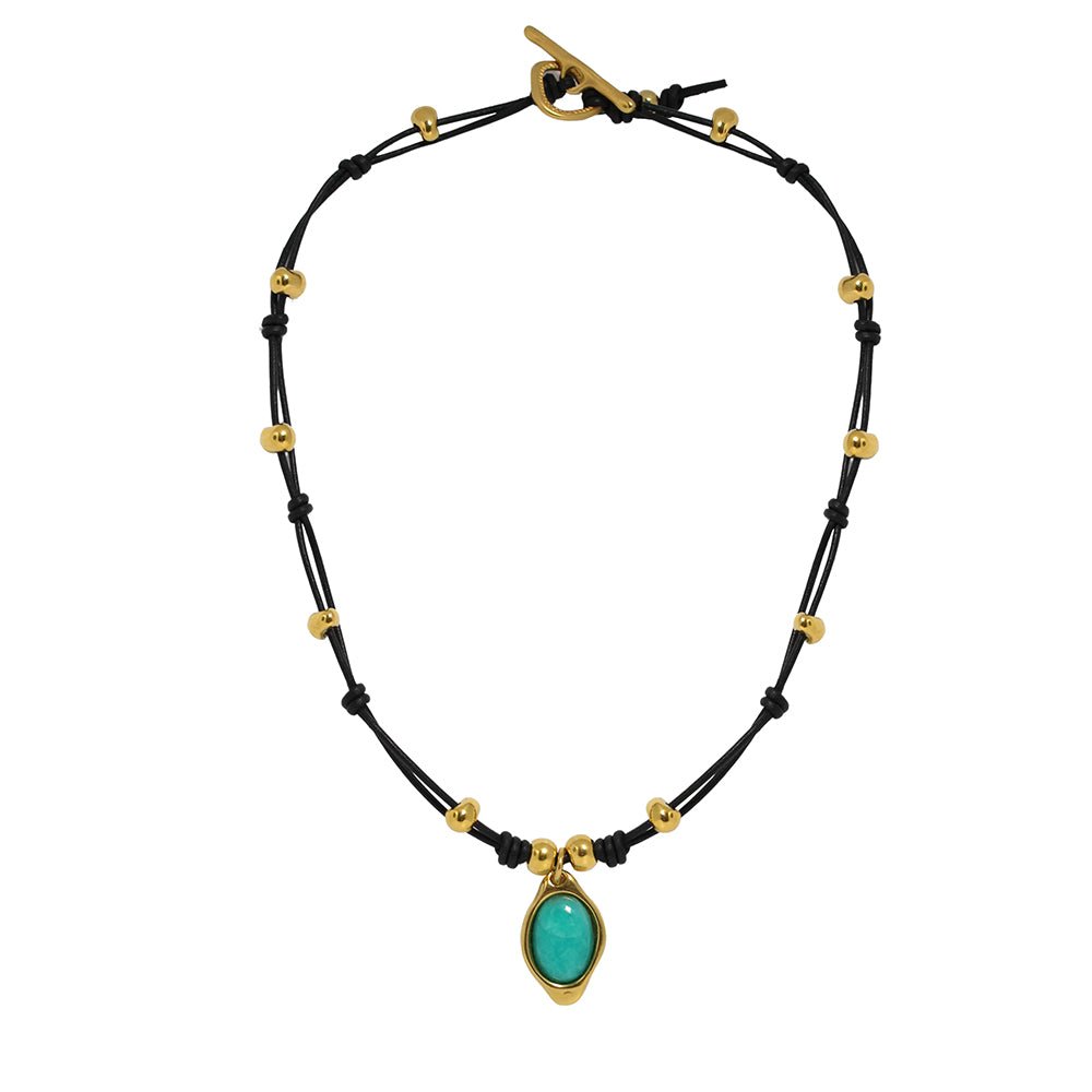 Ketten - Lederkette mit türkisfarbigem Amazonit Anhänger K276 - Braun - K276_amazonit-braun-vergoldet - Beau Soleil Jewelry