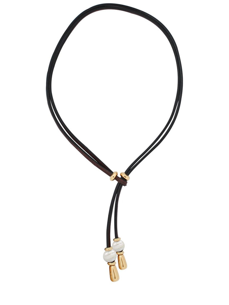 Ketten - Lederkette vergoldet mit Süsswasser Perlen individuell tragbar - 50cm Schwarzes Leder - Beau Soleil Jewelry