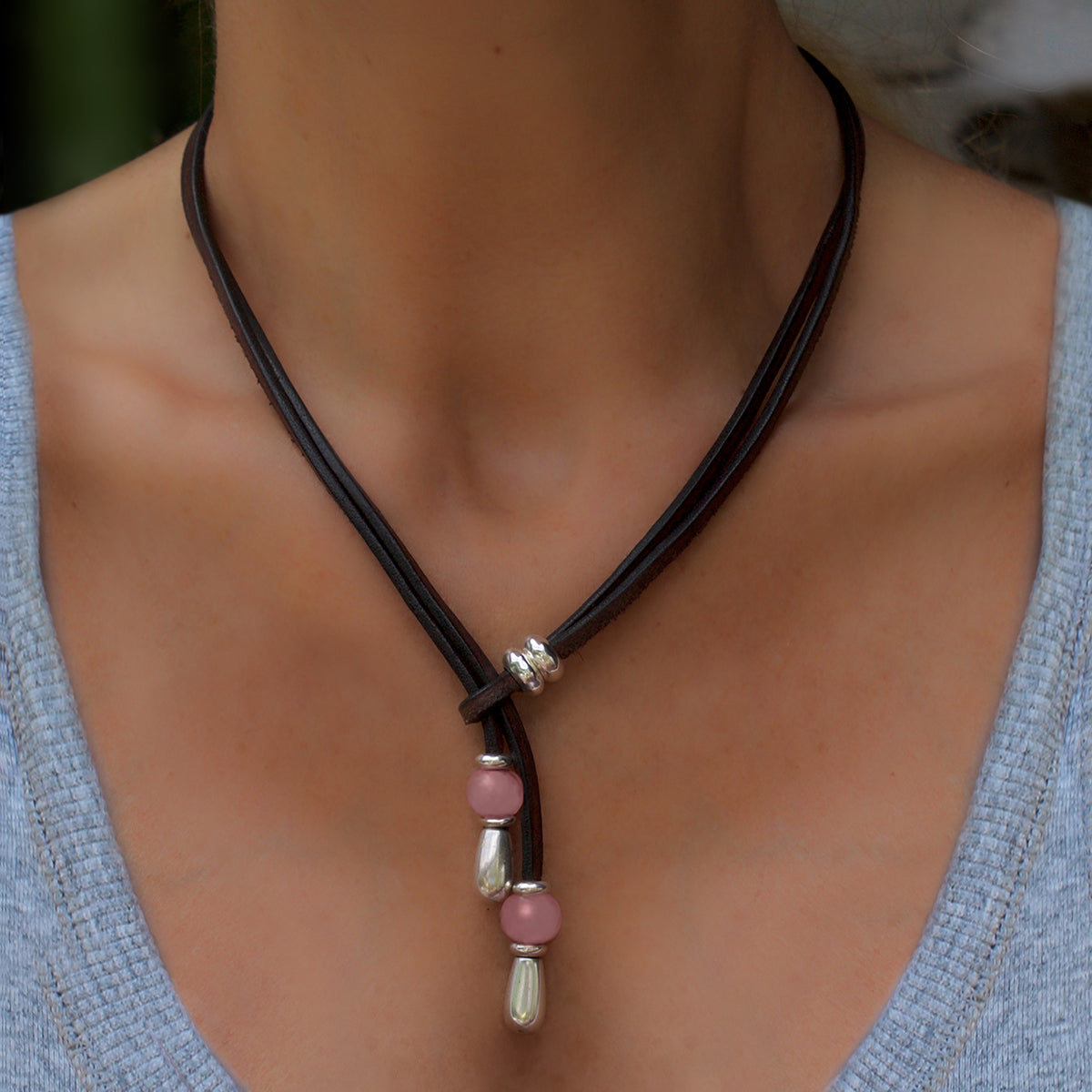 Lederkette Damen Halskette individuell tragbar K256 - Rose/Pink - K256-50-pink-schwarz - Beau Soleil Jewelry