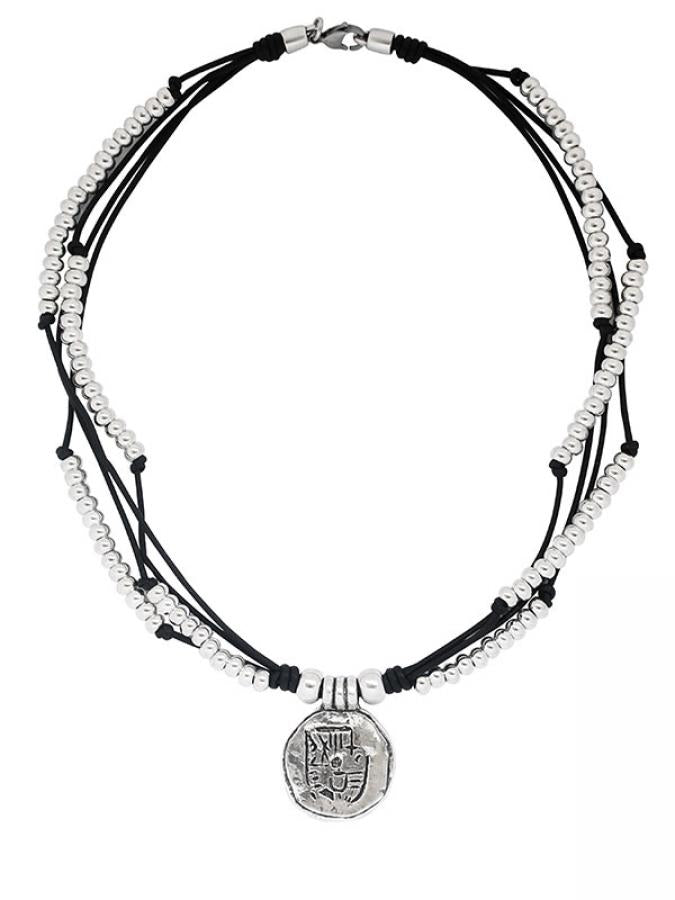 Mehrreihige kurze Lederkette mit Münz Anhänger - Braun - K185 - Halsketten - Beau Soleil Jewelry
