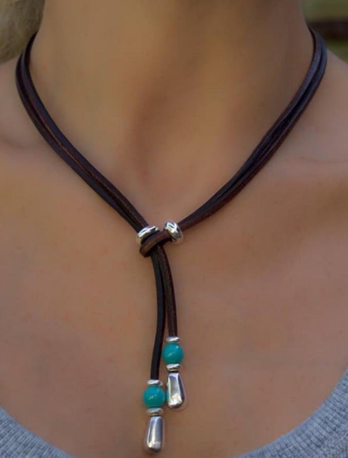 Lederkette Damen Halskette individuell tragbar K256 - Türkis - K256-50-tuerkis-schwarz - Beau Soleil Jewelry