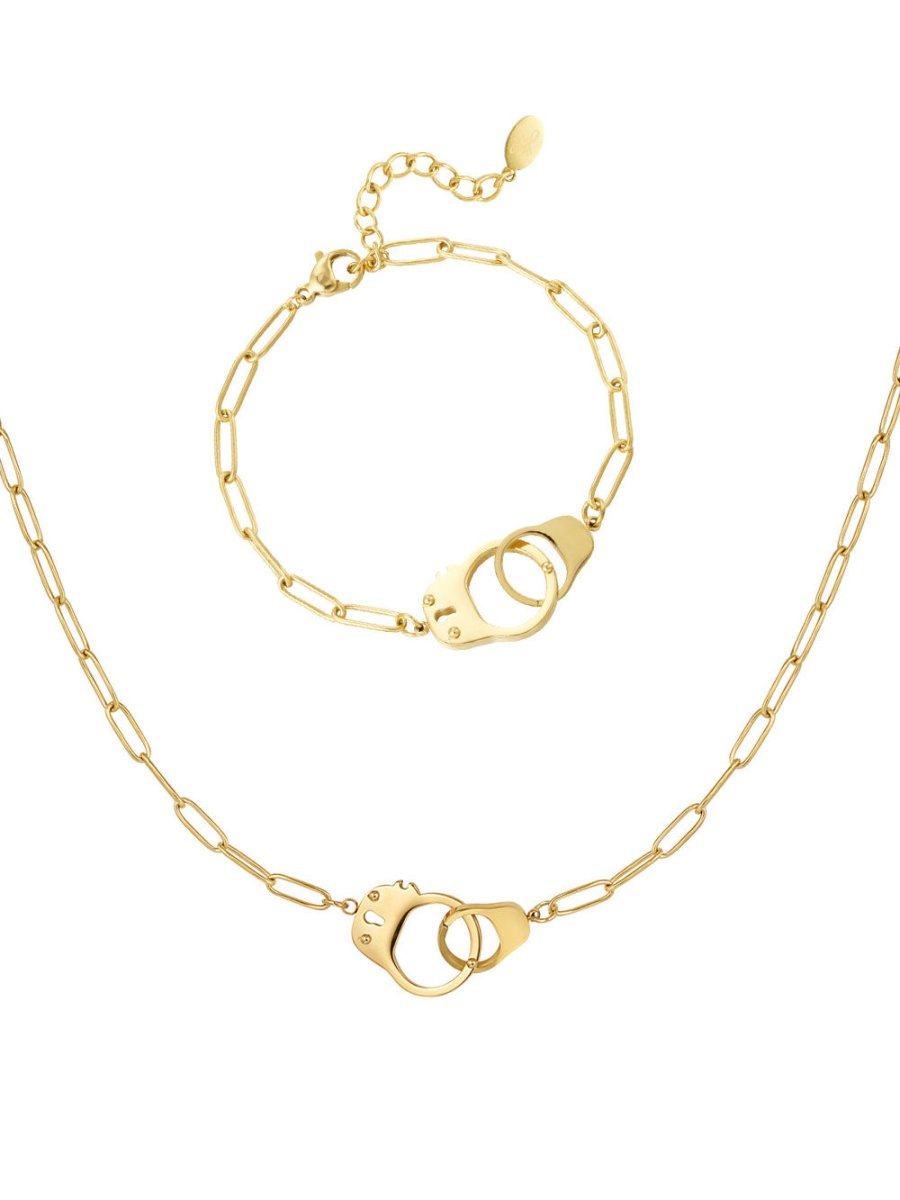 Ketten - Schmuck Set Feine Halskette und Armband mit verbundenen Ringen - Gold - Beau Soleil Jewelry