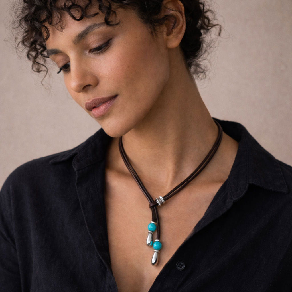 Ketten - Elegante Damen Lederkette K256 mit Murano Glasperlen - Tuerkis - K256 - 50 - tuerkis - schwarz - Beau Soleil Jewelry