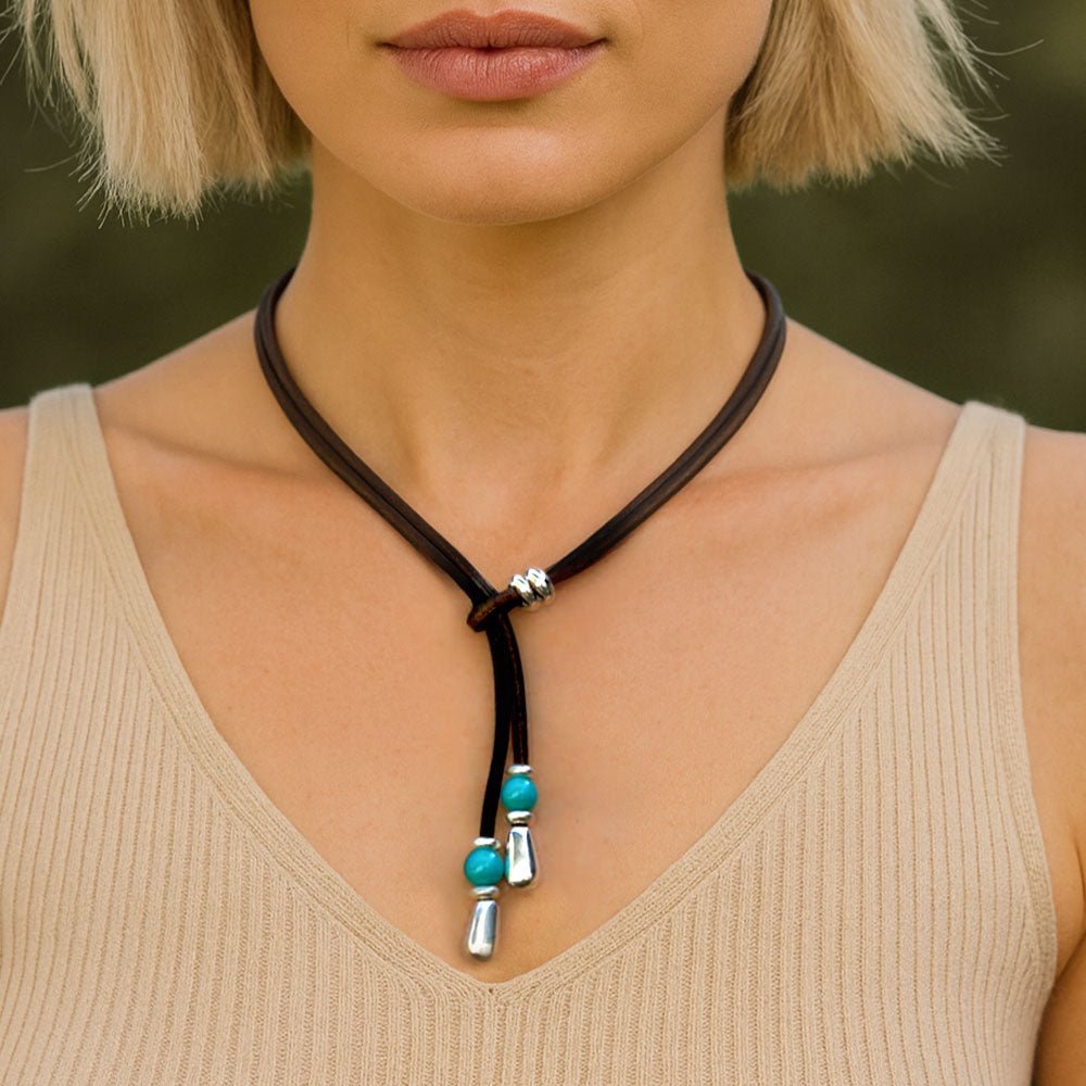 Ketten - Elegante Damen Lederkette K256 mit Murano Glasperlen - Tuerkis - K256 - 50 - tuerkis - schwarz - Beau Soleil Jewelry