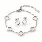Silver-tone stainless steel clover jewellery set with bracelet and matching stud earrings