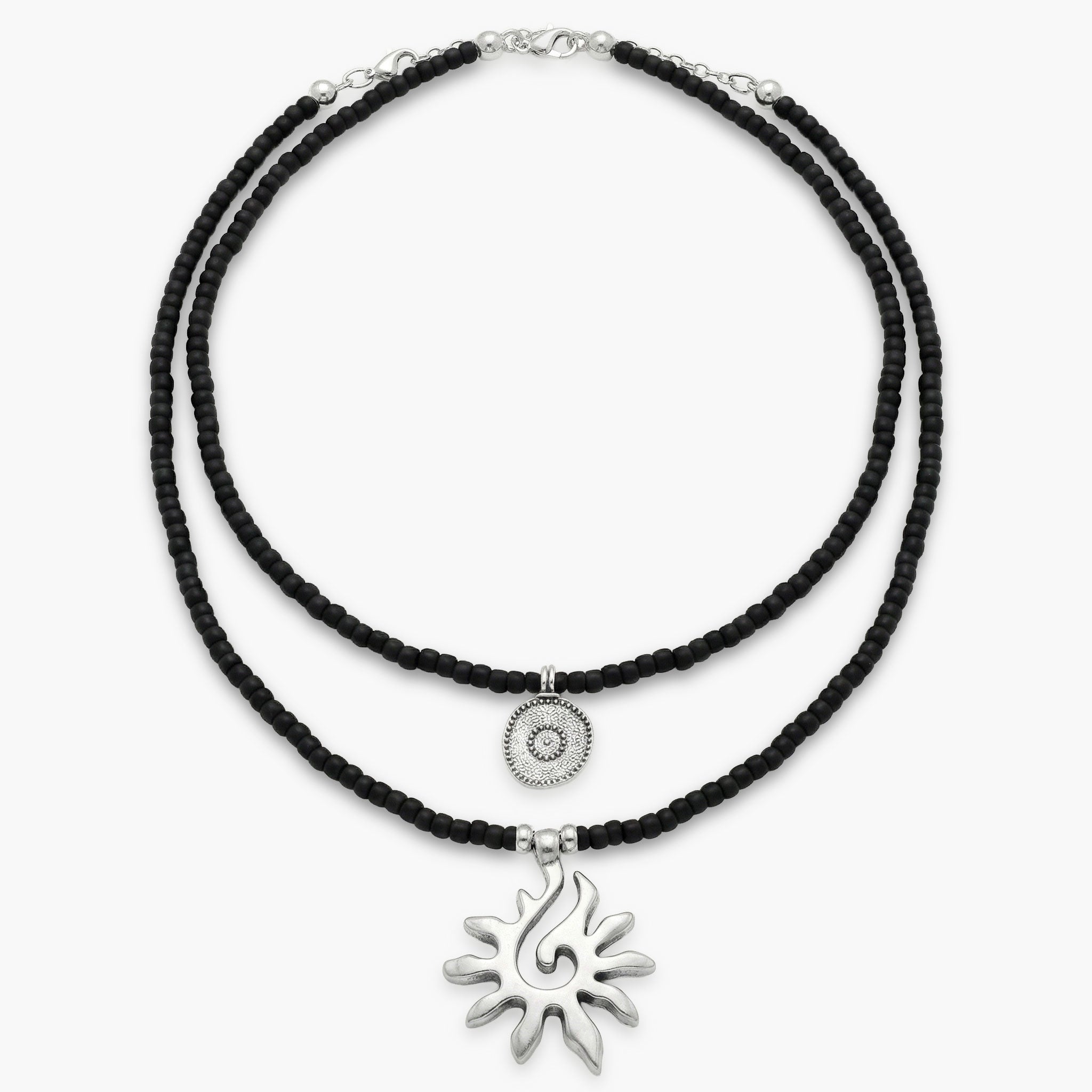 Schmuck Set’s - Ketten Schmuck Set mit Anhänger Sonne schwarze Glasperlen - Silber - K15+K16 - schwarz - silber - Beau Soleil Jewelry