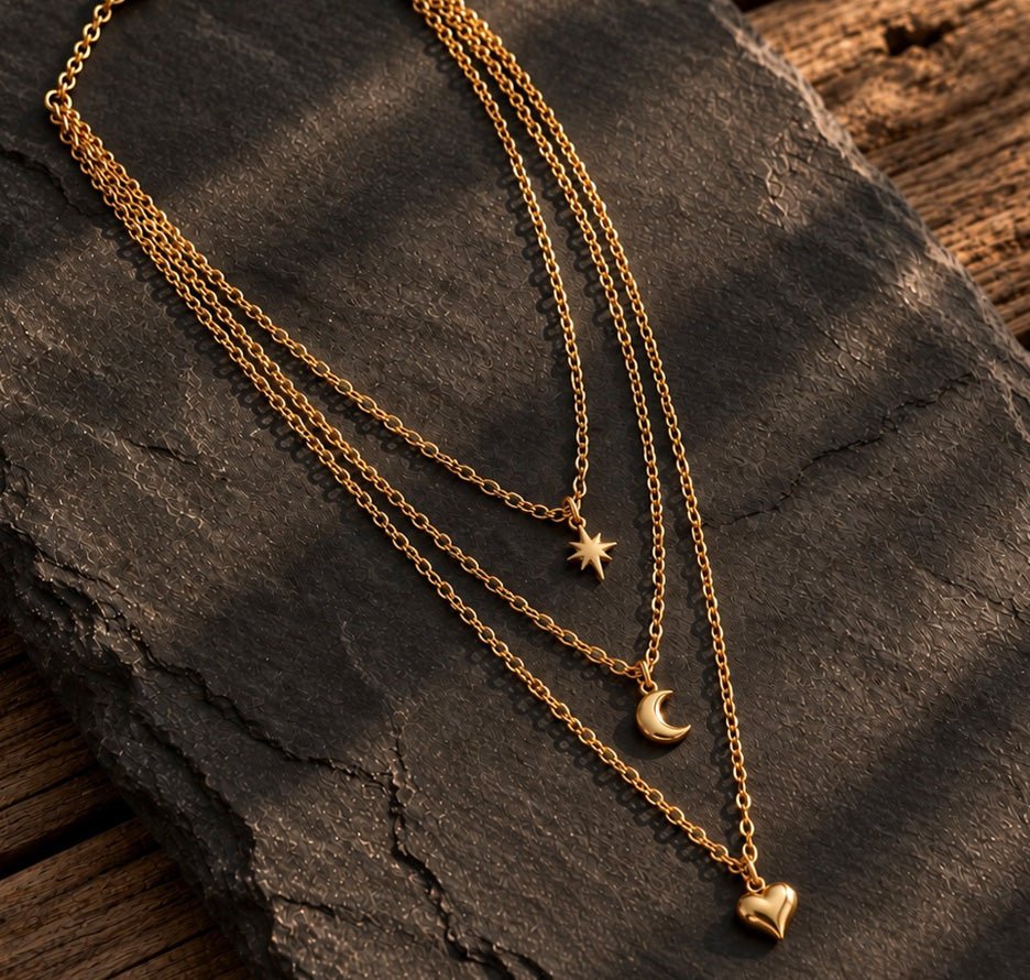 Layerkette mit Stern, Mond und Herzanhänger