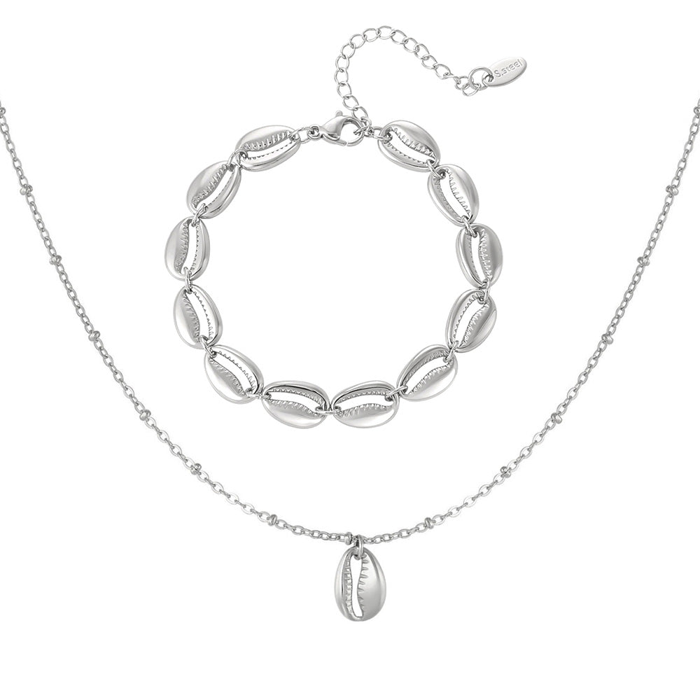 Schmuck Set’s - Schmuckset Muschelarmband Silber & Goldene Kette mit Muschelanhänger - Silber - bsj - es - muschel - set - si - Beau Soleil Jewelry