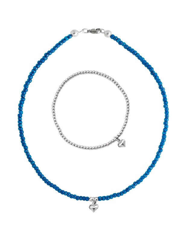 925 Silber Schmuck - 925 Silber Halskette Set Collier & Armband mit Herz - 17 - Set_herz _898A_K501-17-aquablue - Beau Soleil Jewelry