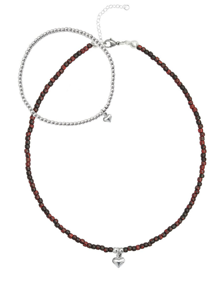 925 Silber Schmuck - 925 Silber Halskette Set Collier & Armband mit Herz - 17 - Set_herz _898A_K501-17-granatrot - Beau Soleil Jewelry