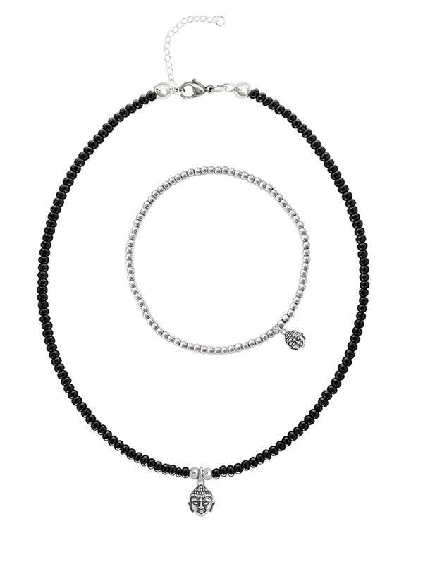 925 Silber Schmuck - 925 Silber Kette Collier & Armband Buddha - 17 - Set_buddha _898A_K501-schwarz-17 - Beau Soleil Jewelry
