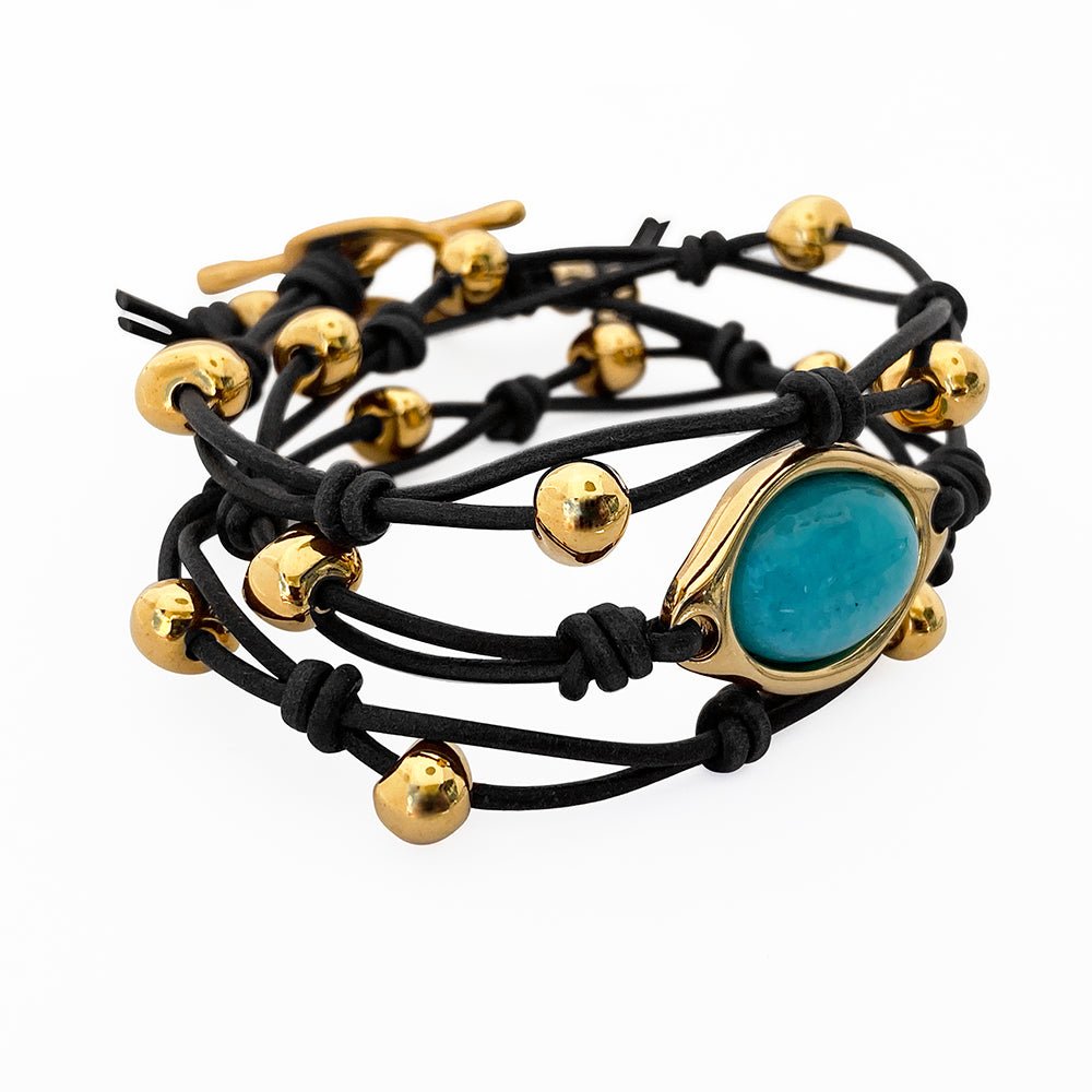 Armbänder - Wickelarmband Amazonit und Gold A1002 - Schwarz - A-1002-gold-schwarz-18 - Beau Soleil Jewelry