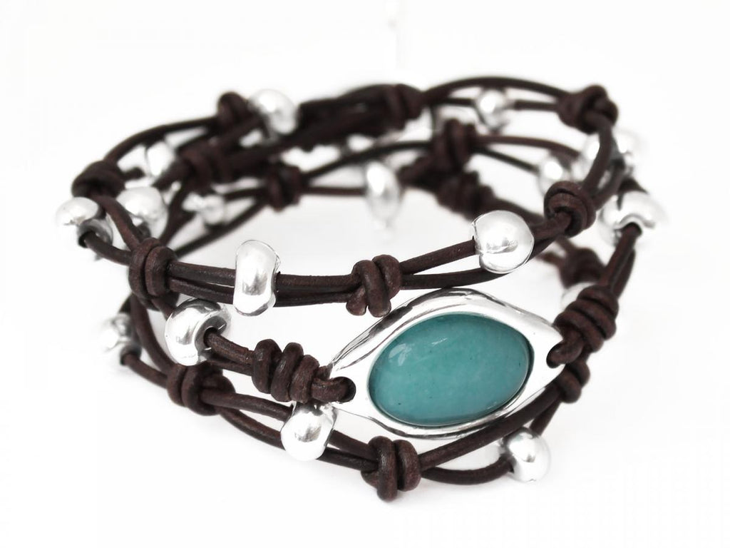 Armbänder - Leder Wickelarmband Amazonit A1002 - Braun - A1002-blue-18-Braun - Beau Soleil Jewelry