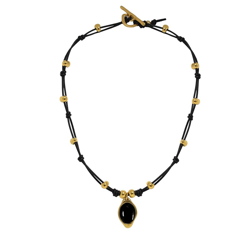 Ketten - Damen Lederkette mit Anhänger Onyx Edelstein - Braun - K276_Onyx.braun-gold - Beau Soleil Jewelry