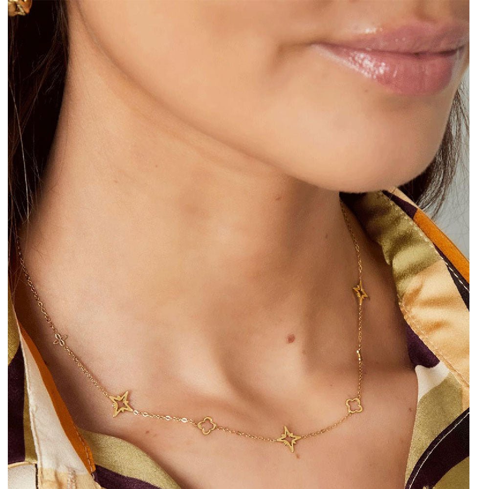 Ketten - Feine Halskette mit Sternen und Glücksklee Blätter - Gold - kette-stern+klee-ke1016-gold - Beau Soleil Jewelry