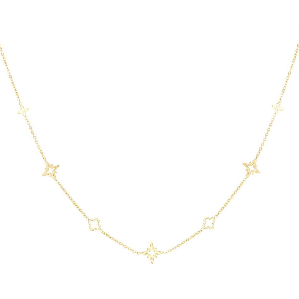 Ketten - Feine Halskette mit Sternen und Glücksklee Blätter - Gold - kette-stern+klee-ke1016-gold - Beau Soleil Jewelry