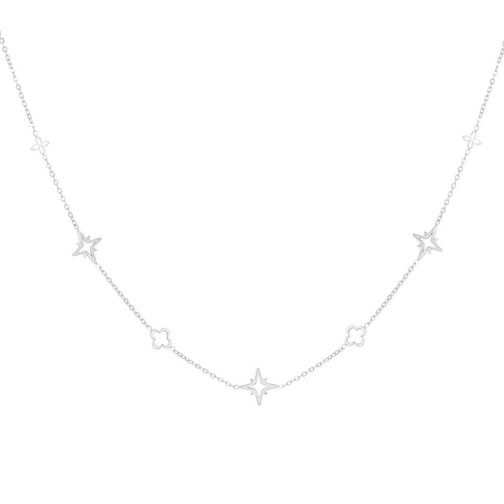 Ketten - Feine Halskette mit Sternen und Glücksklee Blätter - Silber - kette-stern+klee-ke1016-silber - Beau Soleil Jewelry