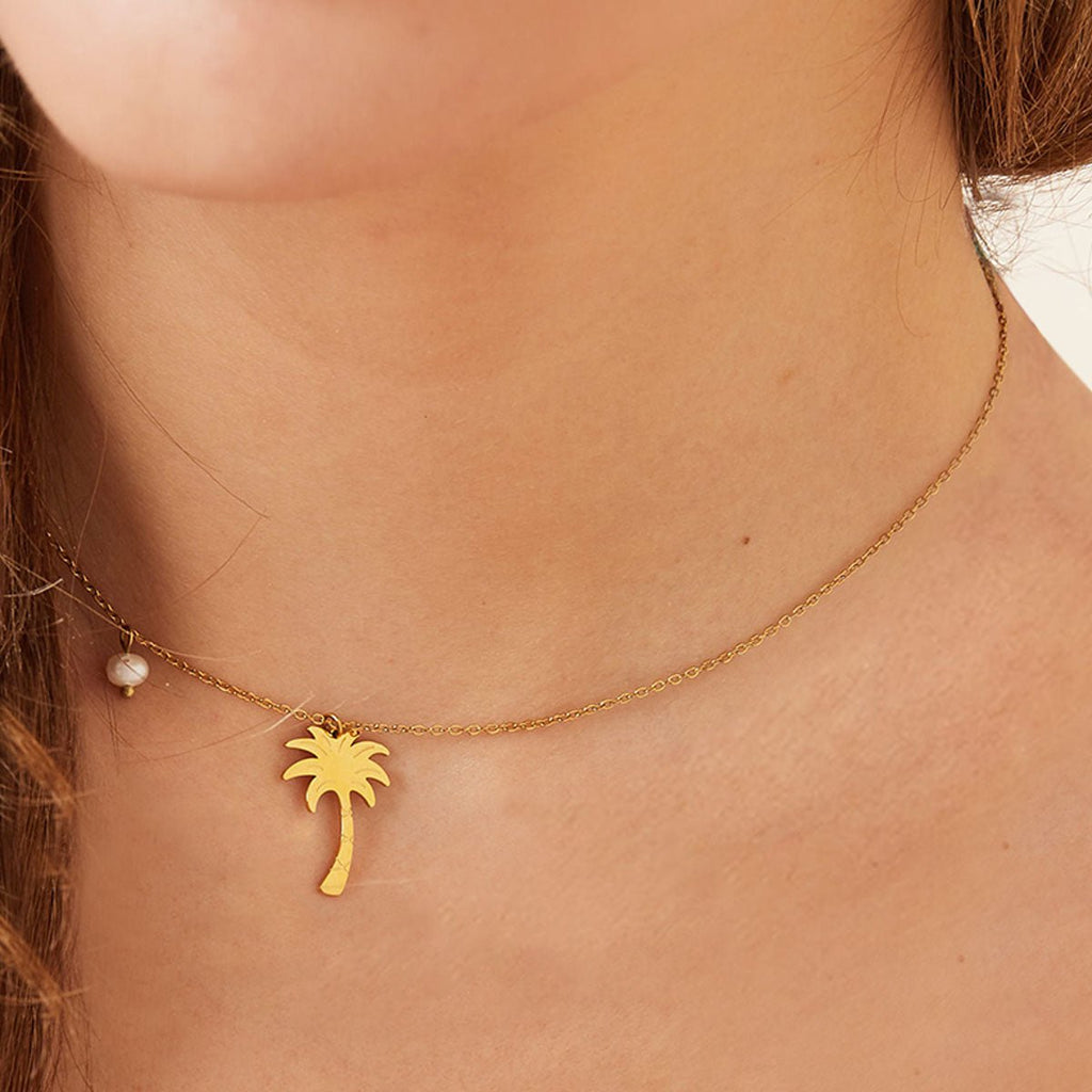 Ketten - Halskette mit Palmen Anhänger und Perlmuttperle - Silber - KE1012-silber - Beau Soleil Jewelry