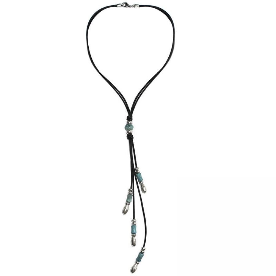 Ketten - Damen Lederkette mit Fransen mit Aquamarin farbigen Ornamenten K263 - Braun - K263_Aquamarin - Beau Soleil Jewelry