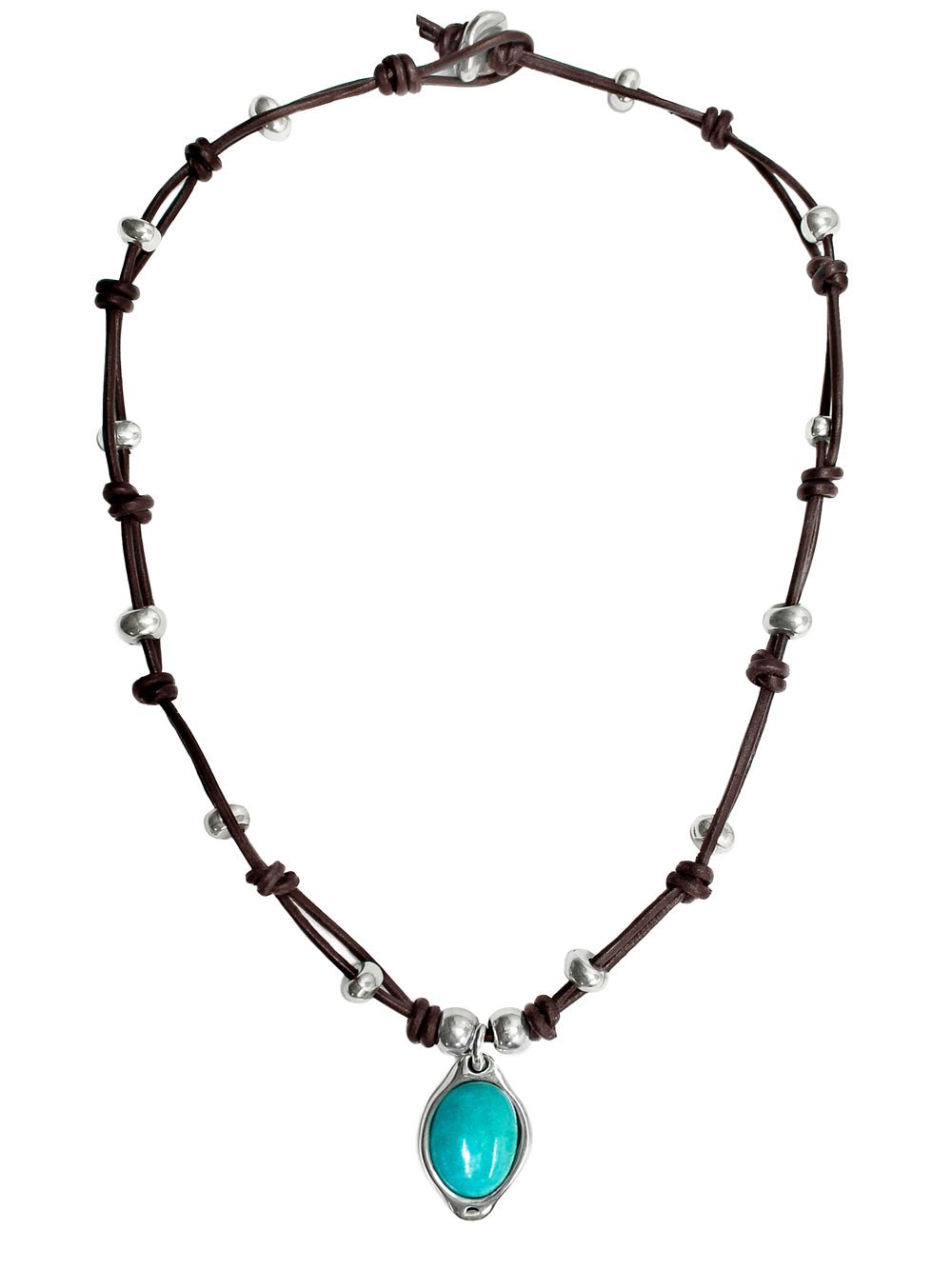 Kurze Lederkette mit türkisfarbigem Amazonit Anhänger K276 - Braun - K276_amazonit-braun - Beau Soleil Jewelry