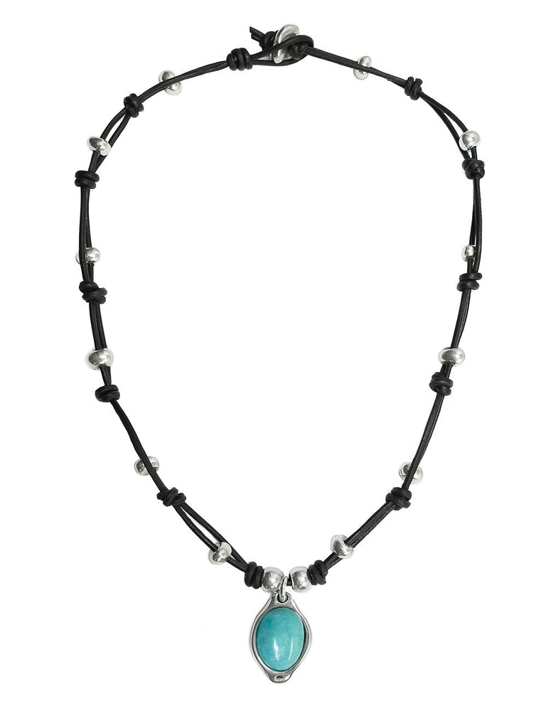 Lederkette mit türkisfarbigem Amazonit Anhänger K276 - Schwarz - K276_amazonit-schwarz - Halsketten - Beau Soleil Jewelry