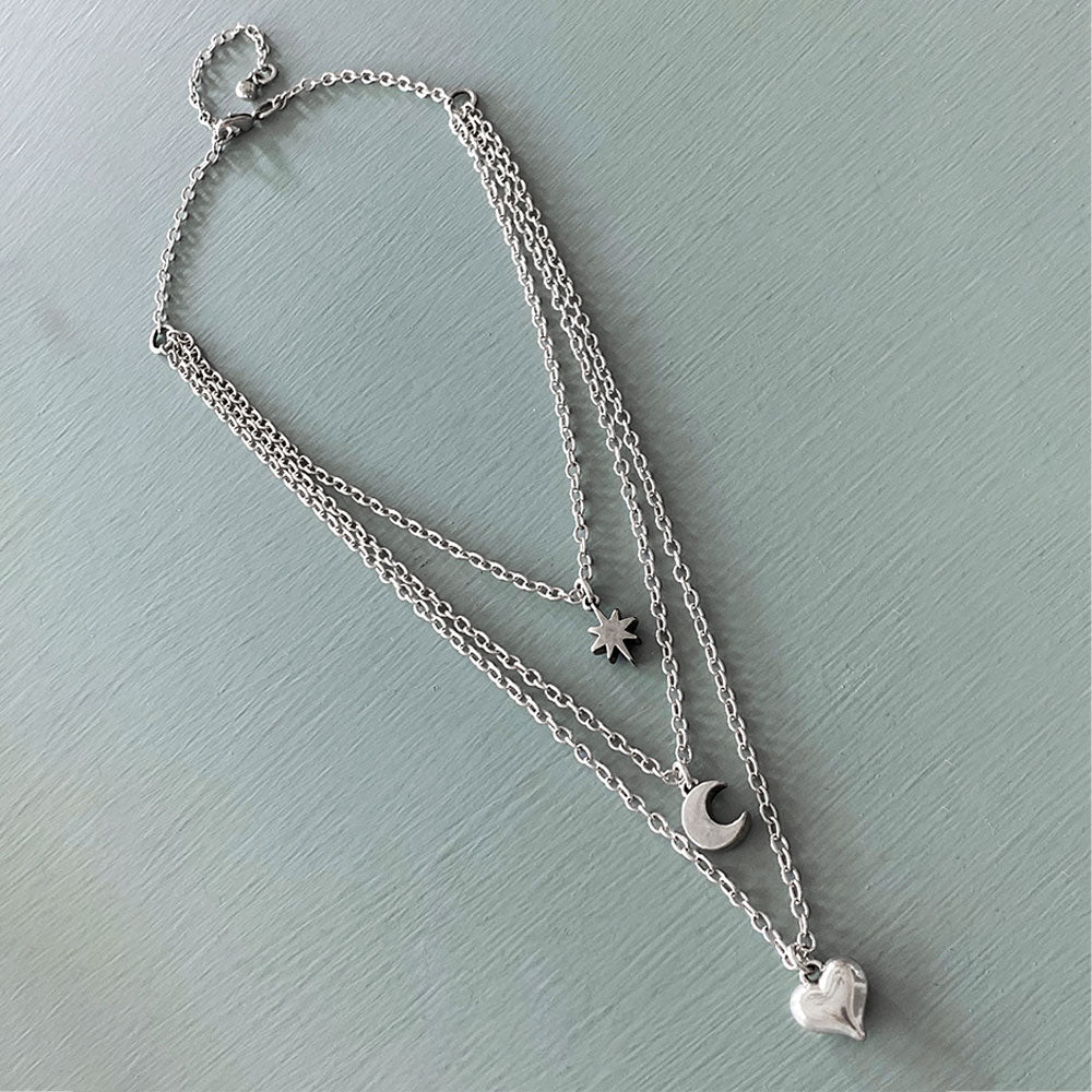 Ketten - Layerkette mit Stern, Mond und Herzanhänger - K310 - Beau Soleil Jewelry