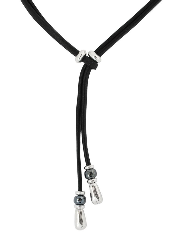 Ketten - Lederkette Damen mit Glasperle Hämatit individuell tragbar - 50cm Schwarzes Leder - Beau Soleil Jewelry
