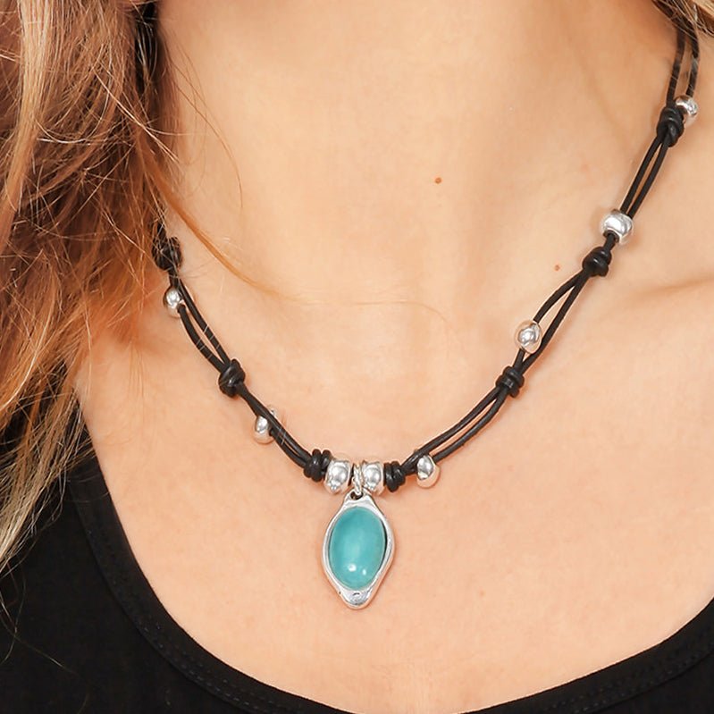 Ketten - Lederkette mit türkisfarbigem Amazonit Anhänger K276 - Braun - K276_amazonit-braun - Beau Soleil Jewelry