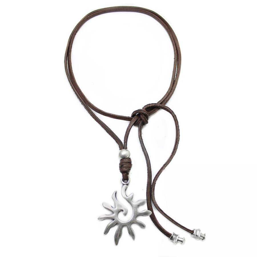Ketten - Lederkette mit Anhänger Sonne individuell tragbar - Braun - K255 - Beau Soleil Jewelry
