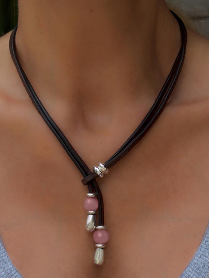 Lederkette Damen Halskette individuell tragbar K256 - Rose/Pink - K256-50-pink-schwarz - Beau Soleil Jewelry
