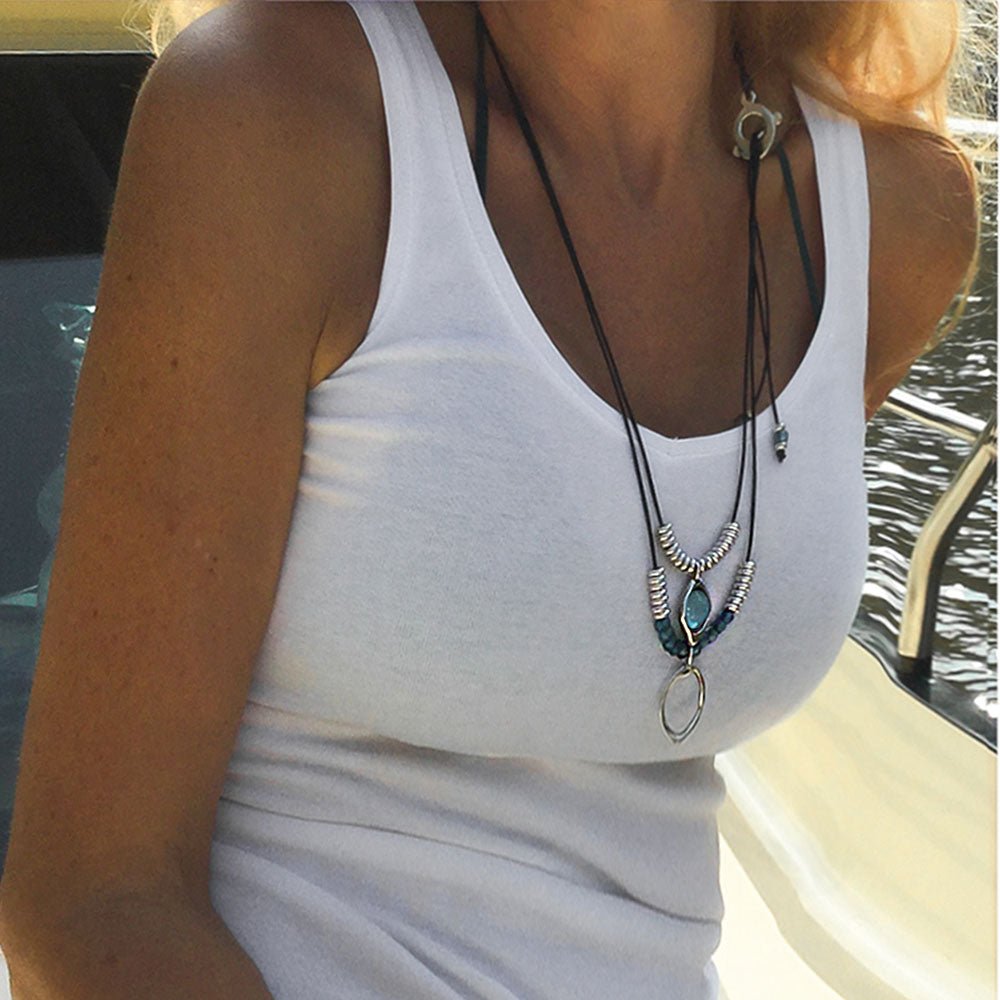 Ketten - Lederkette Layer Kette zweireihig mit Jade - Braun - K291 - Beau Soleil Jewelry