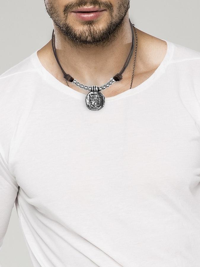 Ketten - Lederkette für Herren längenverstellbar mit Münzen Anhänger - Braun - K282 - Beau Soleil Jewelry