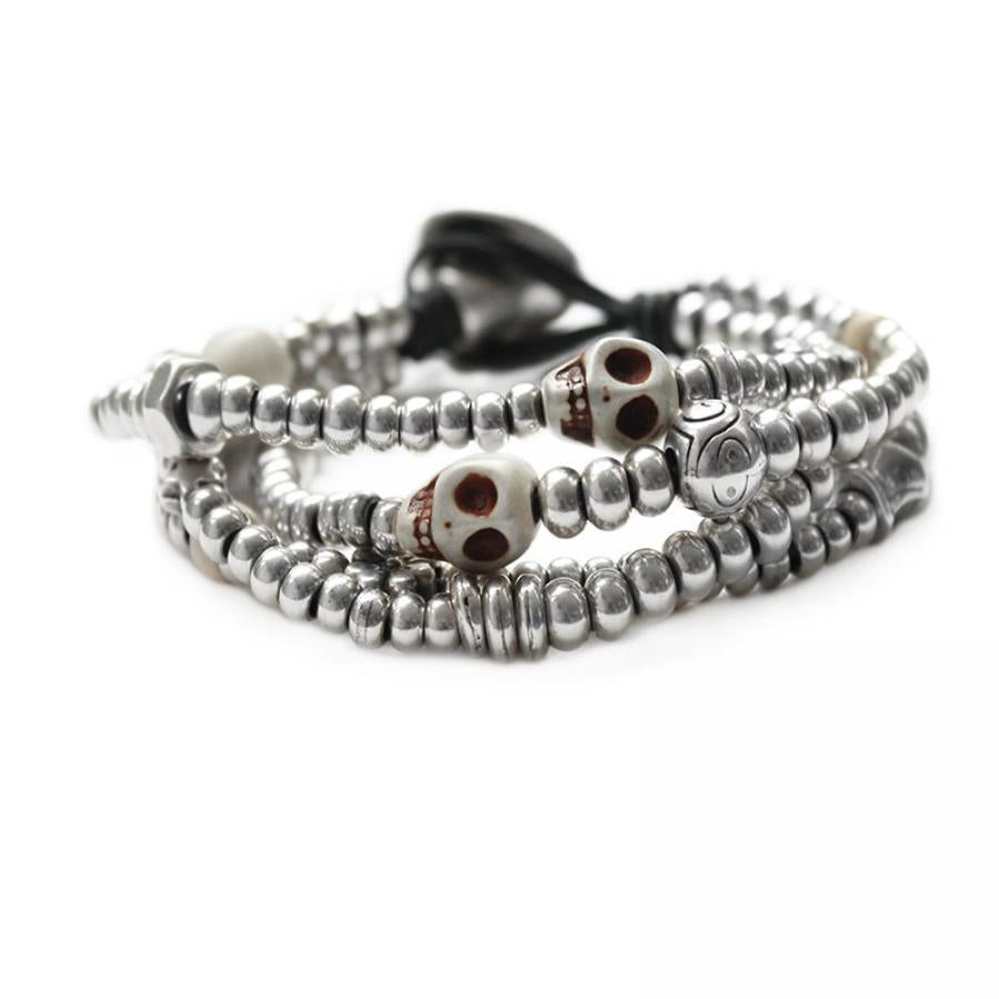 Beau Soleil Schmuck Kollektion - Armband mehrreihig aus Leder mit Totenkopf A870 - Braun - armband - Beau Soleil Jewelry
