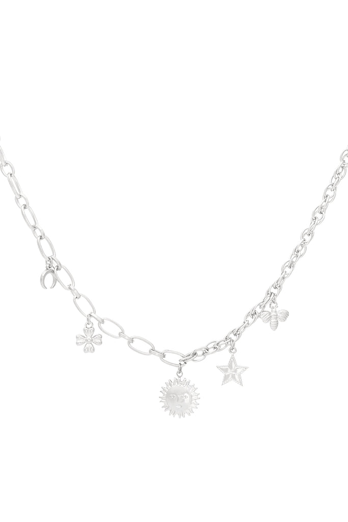 Silberne Charm-Halskette mit Sonne, Stern, Mond, Biene und Blüte – 39+5 cm, Edelstahl